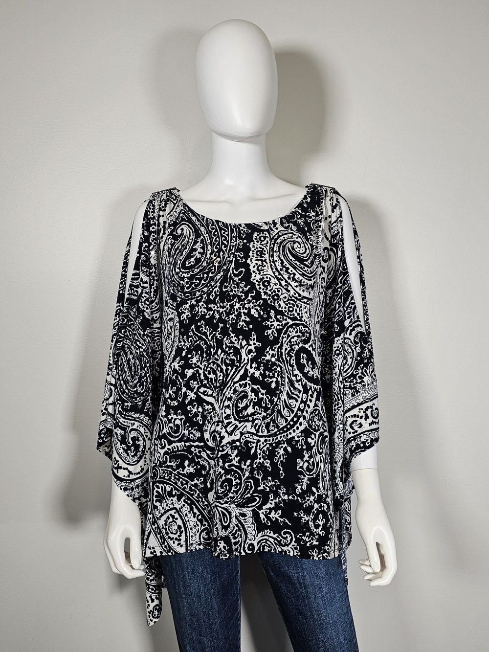 Joseph Ribkoff Black & White Paisley Cold-Shoulder Top Sz 16